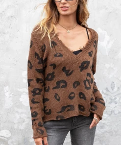 Wooden Ships Leopard Brown Distressed Leopard V- Neck