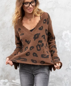 Wooden Ships Leopard Brown Distressed Leopard V- Neck