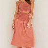 Bella Dahl Smocked Midi Skirt Mojave Red