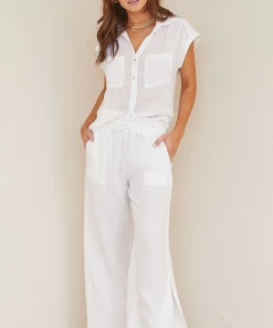Bella Dahl Smocked Waist Side Slit Wide Leg White
