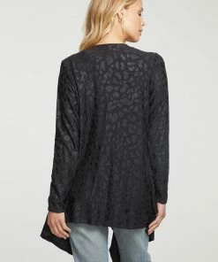 Chaser Cozy Knit Drape Cardi Black Leopard Foil