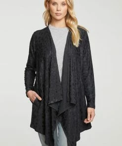 Chaser Cozy Knit Drape Cardi Black Leopard Foil
